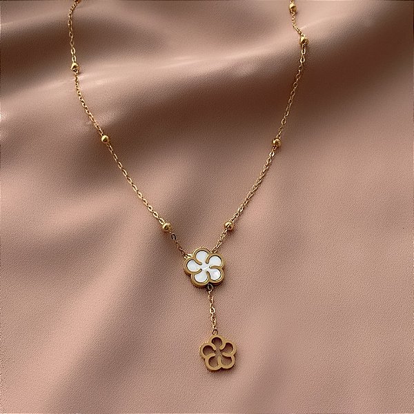 COLAR GRAVATINHA CORRENTE BOLINHAS FLOR MADREPÉROLA DOURADO AÇO 316L⭐️