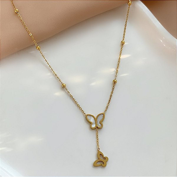 COLAR GRAVATINHA CORRENTE BOLINHAS BORBOLETA MADREPÉROLA DOURADO AÇO 316L⭐️
