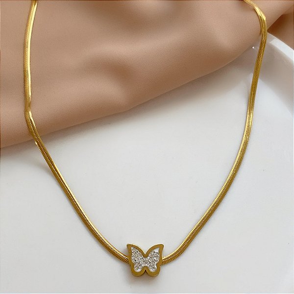 COLAR CORRENTE COBRA FINA PINGENTE BORBOLETA ZIRCÔNIAS DOURADO AÇO 316L⭐️