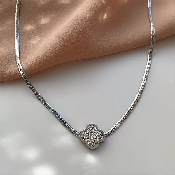 COLAR CORRENTE COBRA FINA PINGENTE TREVO ZIRCÔNIAS AÇO 316L⭐️