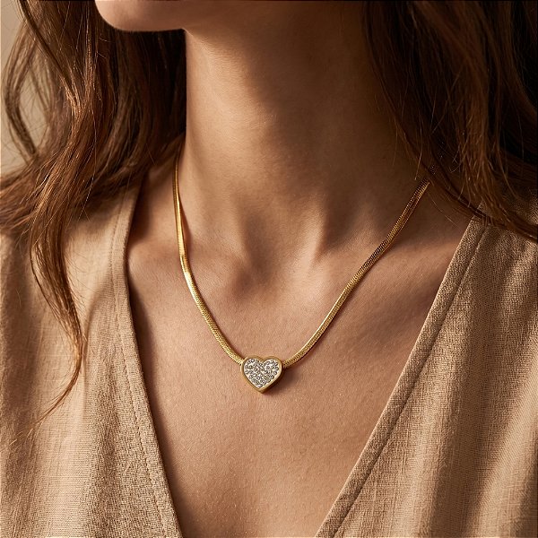COLAR CORRENTE COBRA FINA PINGENTE CORAÇÃO ZIRCÔNIAS DOURADO AÇO 316L⭐️