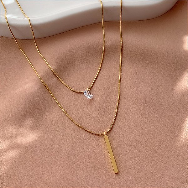 COLAR DUPLO PINGENTE PEDRA ZIRCÔNIA E PALITO DOURADO AÇO 316L⭐️