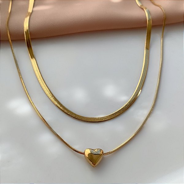 COLAR DUPLO FITA FINA PINGENTE CORAÇÃO LISO DOURADO AÇO 316L⭐️