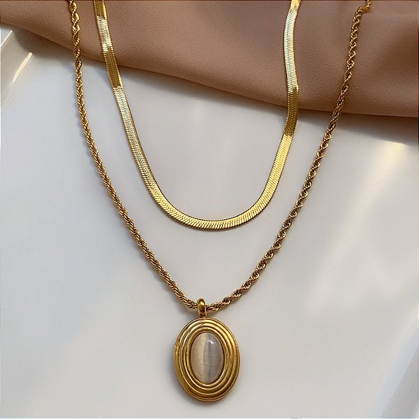 COLAR DUPLO FITA FINA E CORDÃO BAIANO PINGENTE OVAL PEDRA OLHO DE GATO DOURADO AÇO 316L⭐️