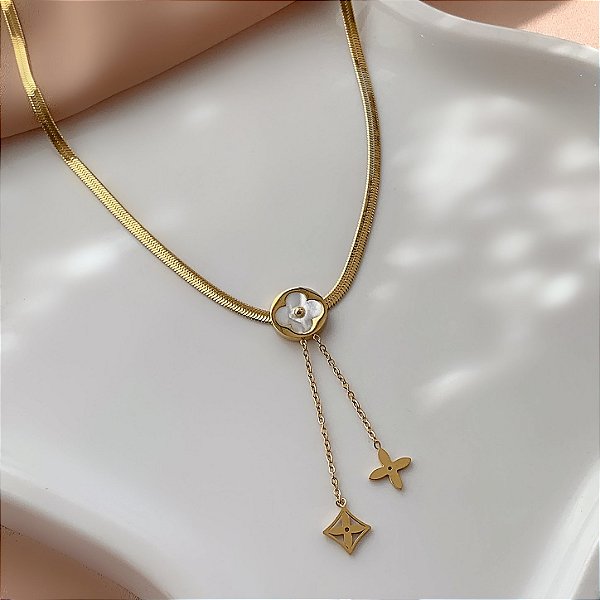 COLAR  FITA FINA TREVO RESINADO ESTILO GRAVATINHA COM PINGENTE PENDENTE DOURDO AÇO 316L⭐️