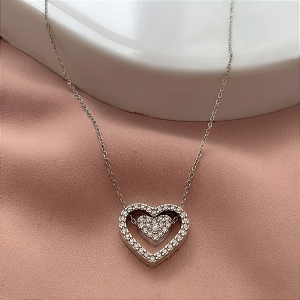 COLAR PINGENTE CORAÇÃO DUPLO ZIRCÔNIAS AÇO 316L⭐️