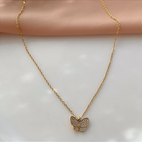 COLAR PINGENTE BORBOLETA CLÁSSICA ZIRCÔNIAS DOURADO AÇO 316L⭐️