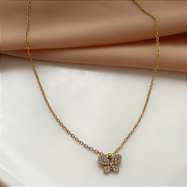 COLAR BORBOLETA MINI ZIRCÔNIAS DOURADO AÇO 316L⭐️