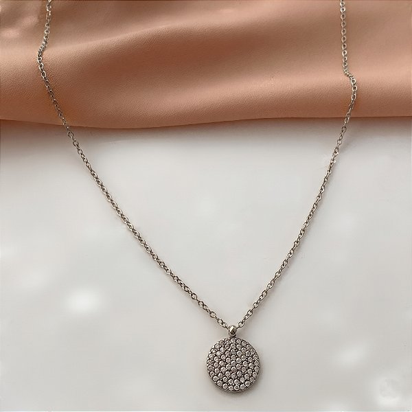 COLAR PINGENTE PLAQUINHA REDONDA ZIRCÔNIAS AÇO 316L⭐️