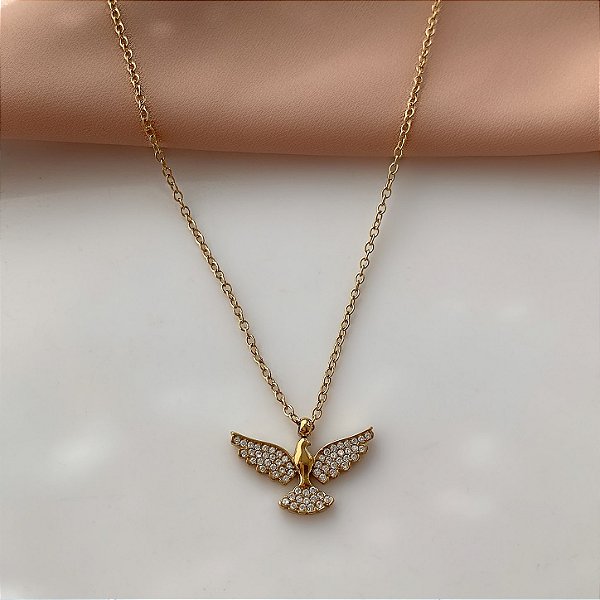 COLAR PINGENTE ESPÍRITO SANTO ZIRCÔNIAS DOURADO AÇO 316L⭐️