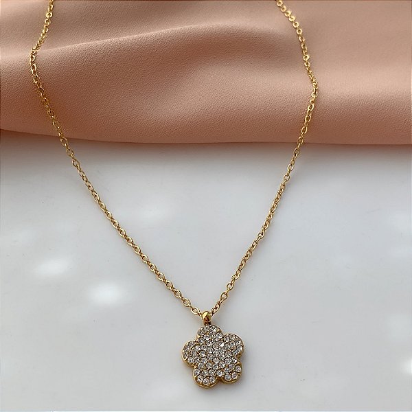 COLAR PINGENTE FLOR ZIRCÔNIAS DOURADO AÇO 316L⭐️