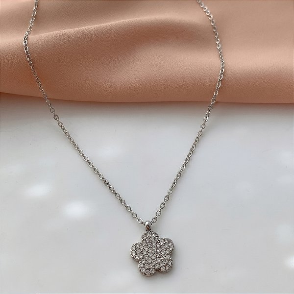 COLAR PINGENTE FLOR ZIRCÔNIAS AÇO 316L⭐️
