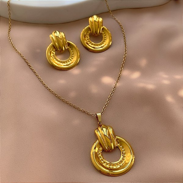 COLAR E BRINCO KIT CÍRCULO DESENHADO DOURADO AÇO 316L⭐️