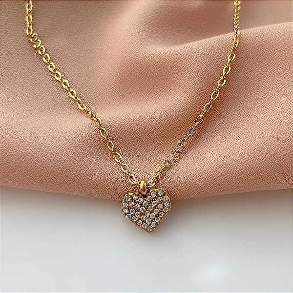 COLAR CORAÇÃO DELICADO ZIRCÔNIAS DOURADO AÇO 316L⭐️