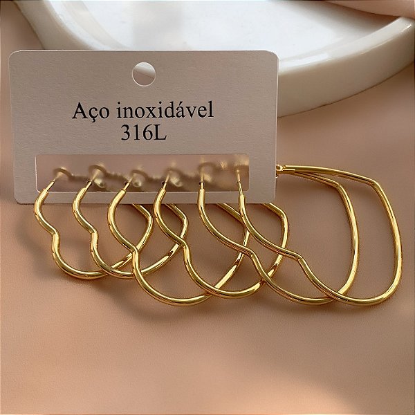 BRINCO KIT ARGOLAS DE CORAÇÃO FIO DOURADO AÇO 316L⭐️