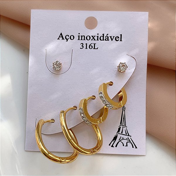 BRINCO KIT ARGOLA GOTA E PONTO DE LUZ DOURADO AÇO 316L⭐️