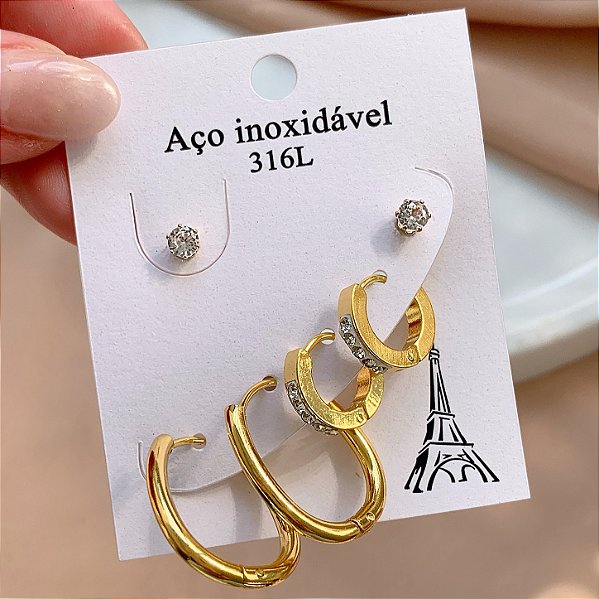 BRINCO KIT ARGOLA GOTA E PONTO DE LUZ DOURADO AÇO 316L⭐️
