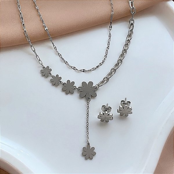 COLAR E BRINCO KIT FLOR PÊNDULO AÇO 316L⭐️