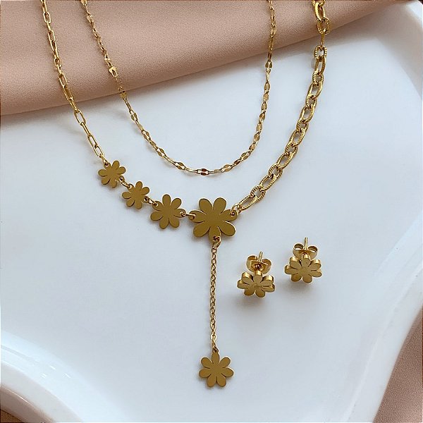 COLAR E BRINCO KIT FLOR PÊNDULO DOURADO AÇO 316L⭐️