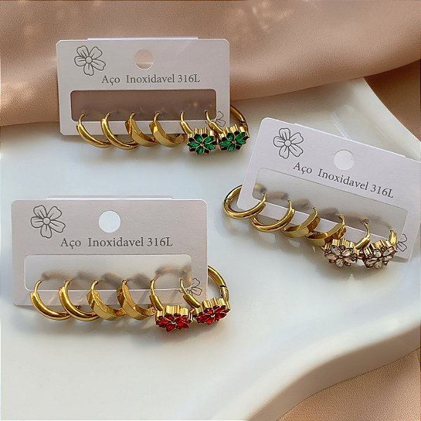 BRINCO KIT FLORZINHA PEDRAS GRUPO 2 ZIRCÔNIAS DOURADO AÇO 316L⭐️