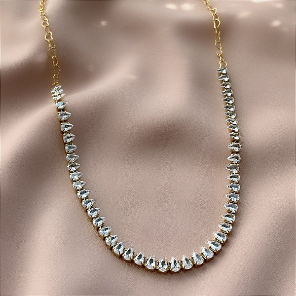 COLAR RIVIERA ZIRCÔNIA GOTAS ELOS CORAÇÕES DOURADO AÇO 316L⭐️