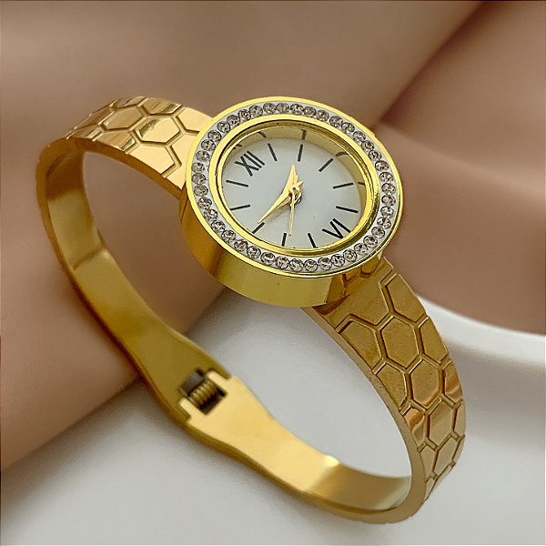 BRACELETE RELÓGIO COLMEIA DOURADO AÇO 316L⭐️