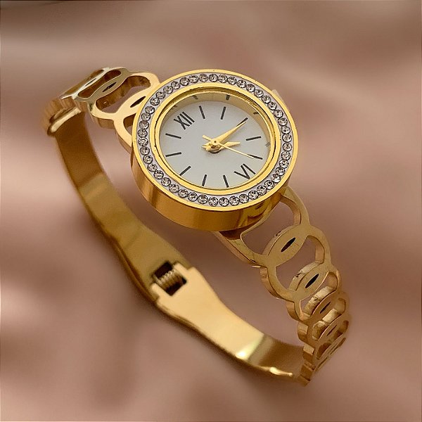 BRACELETE RELÓGIO ELOS VAZADOS DOURADO AÇO 316L⭐️