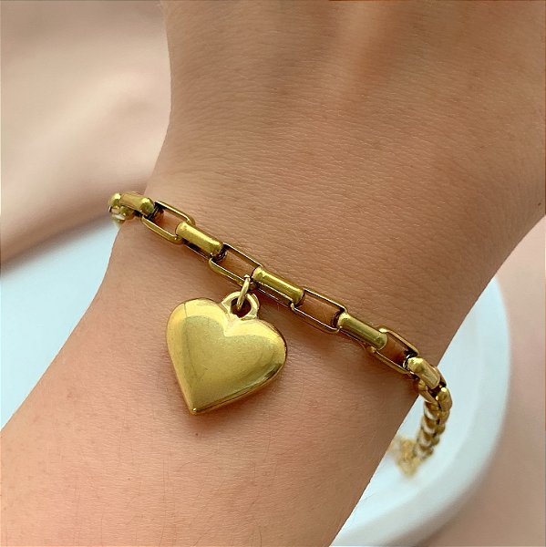 PULSEIRA CORRENTE PINGENTE CORAÇÃO LISO DOURADO AÇO 316L⭐️