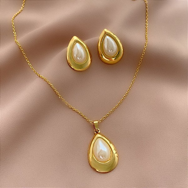 COLAR E BRINCO KIT GOTA PÉROLA BORDA LISA DOURADO AÇO 316L⭐️