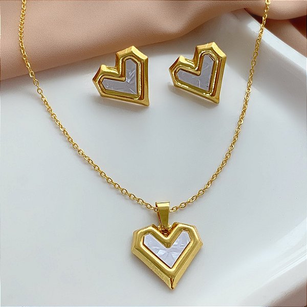 COLAR E BRINCO KIT CORAÇÃO ABSTRATO MADREPÉROLA BORDA DOURADO AÇO 316L⭐️