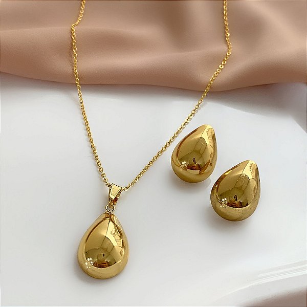 COLAR E BRINCO KIT GOTA LISA DOURADO AÇO 316L⭐️
