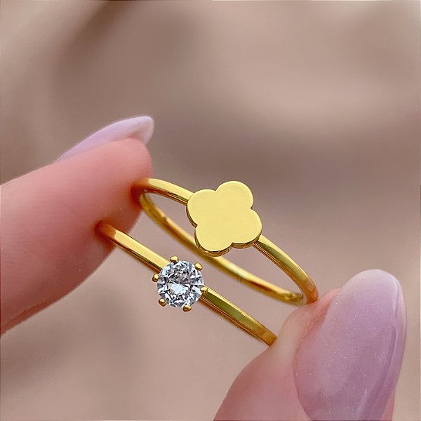 ANEL KIT SOLITÁRIO E TREVO DOURADO AÇO 316L⭐️