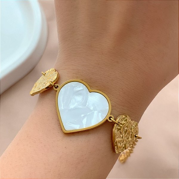 PULSEIRA CORAÇÃO MADREPÉROLA E MARTELADO DOURADO AÇO 316L⭐️