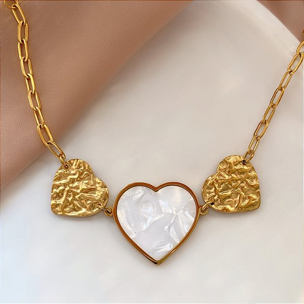 PULSEIRA CORAÇÃO MADREPÉROLA E MARTELADO DOURADO AÇO 316L⭐️