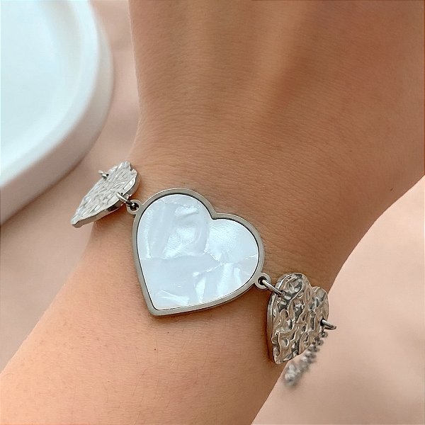 PULSEIRA CORAÇÃO MADREPÉROLA E MARTELADO AÇO 316L⭐️