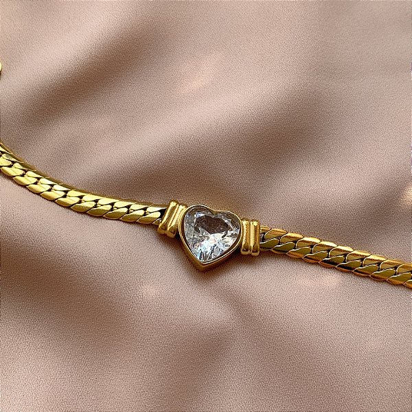 PULSEIRA CORRENTE GROSSA CORAÇÃO G ZIRCÔNIA DOURADO AÇO 316L⭐️