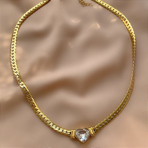 COLAR CORRENTE GROSSA CORAÇÃO G ZIRCÔNIA DOURADO AÇO 316L⭐️