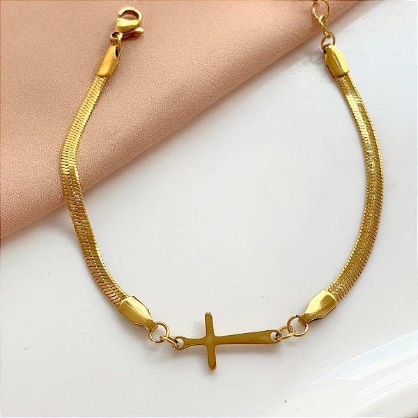 PULSEIRA FITA CRUZ DOURADO AÇO 316L⭐️