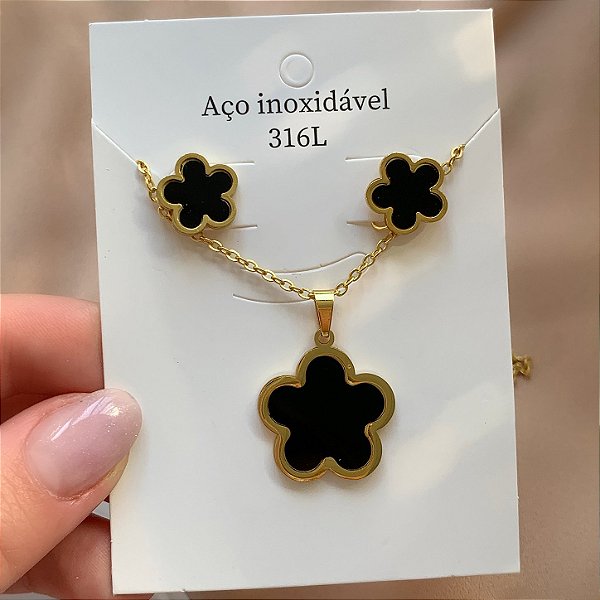 COLAR E BRINCO KIT FLOR MADREPÉROLA DOURADO AÇO 316L⭐️