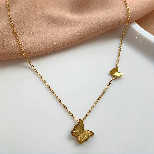 COLAR BORBOLETAS CLASSICAS DOURADO AÇO 316L⭐️