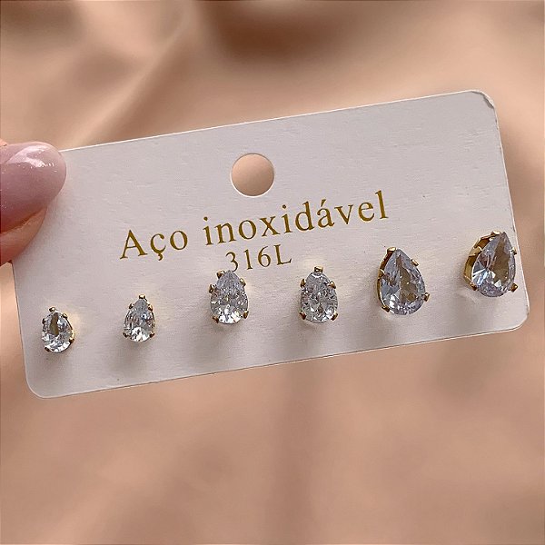 BRINCO KIT PEDRAS ZIRCÔNIAS GOTINHAS DOURADO AÇO 316L⭐️