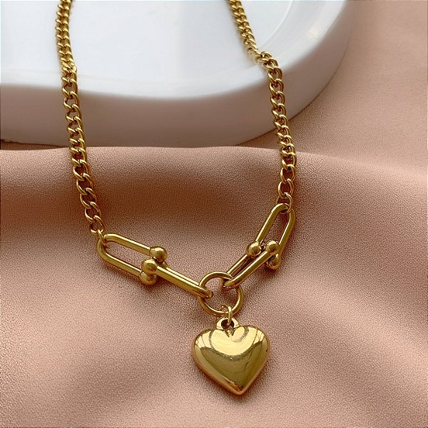 COLAR CORRENTES DIFERENTES E CORAÇÃO DOURADO AÇO 316L⭐️