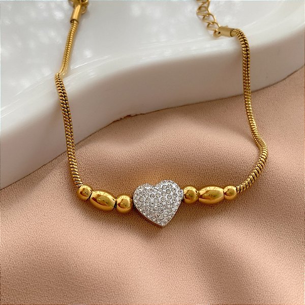 PULSEIRA CORRENTE BOLEADA PINGENTE CORAÇÃO ZIRCÔNIAS DOURADO AÇO 316L⭐️