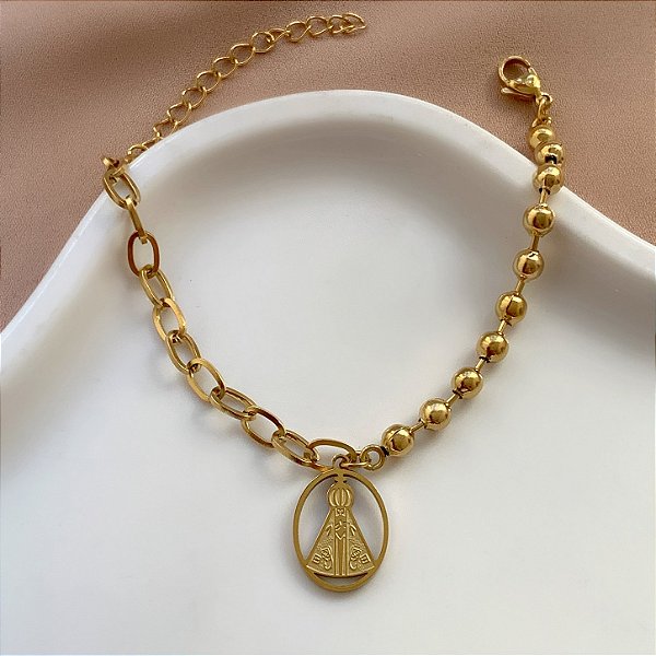 PULSEIRA CORRENTE E BOLAS PINGENTE NOSSA SENHORA DOURADO AÇO 316L⭐️