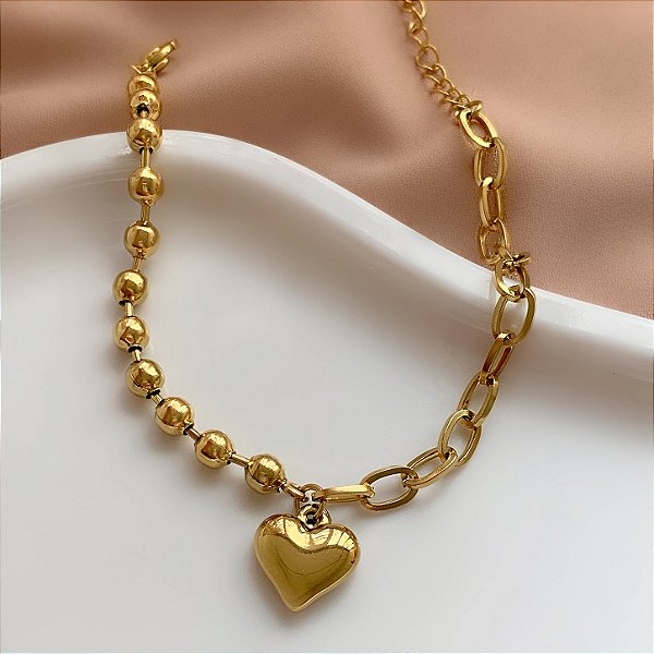 PULSEIRA CORRENTE E BOLAS PINGENTE CORAÇÃO DOURADO AÇO 316L⭐️