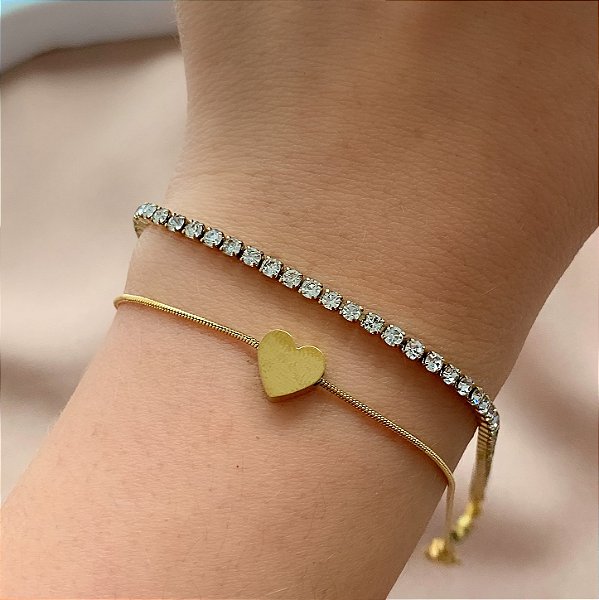 PULSEIRA DUPLA RIVIERA E CORAÇÃO DOURADO AÇO 316L⭐️