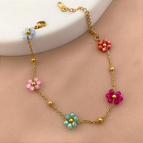 PULSEIRA FLORZINHA DE CRISTAIS COLORIDAS DOURADO AÇO 316L⭐️