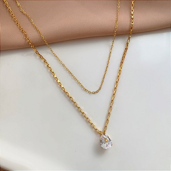 COLAR DUPLO CORRENTE E PINGENTE GOTA ZIRCÔNIA DOURADO AÇO 316L⭐️