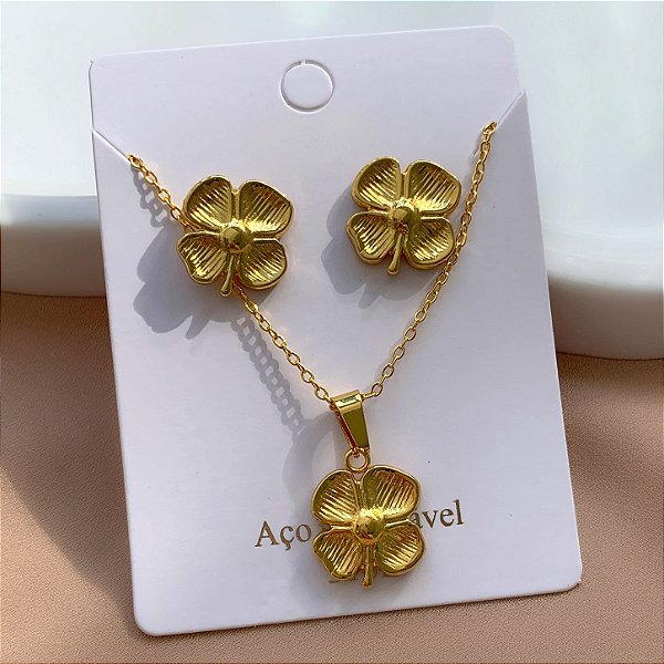 COLAR E BRINCO KIT TREVO 4 FOLHAS DOURADO AÇO 316L⭐️