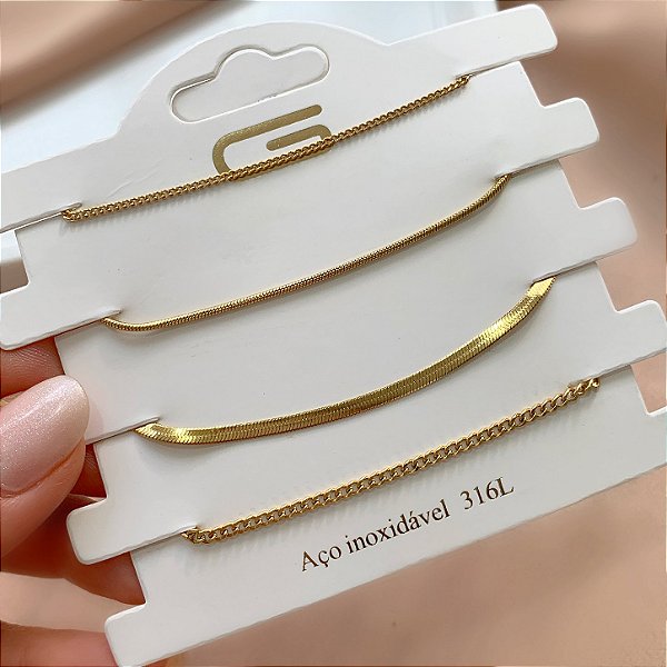 KIT 4 PULSEIRAS CORRENTES DIVERSAS BIA DOURADO AÇO 316L⭐️